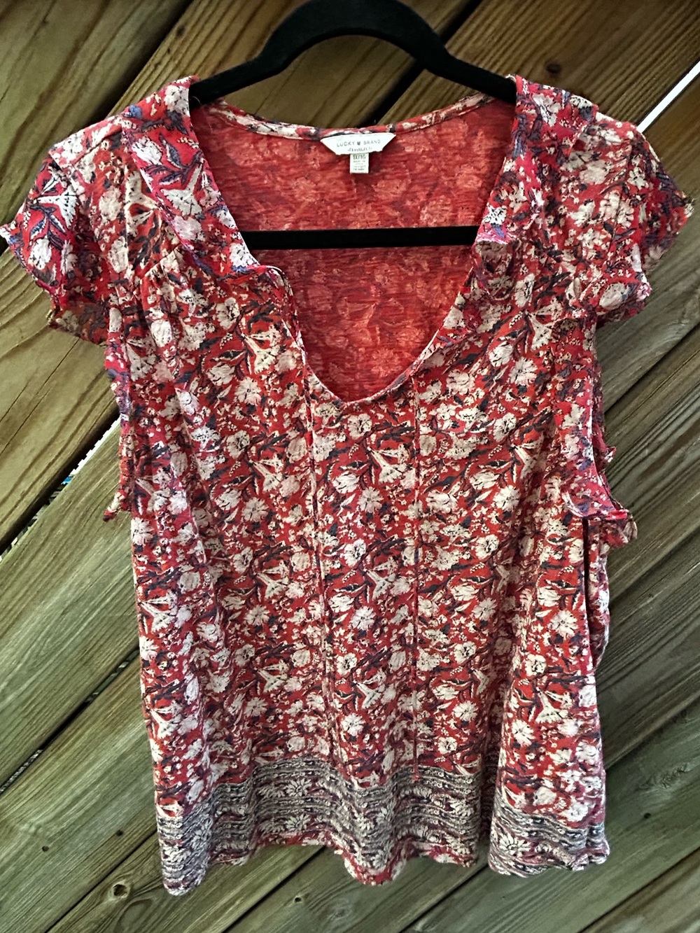 Lucky Brand Red, Cream & Blue Floral Sheer Ruffle-Sleeve V-Neck Blouse size 1X
